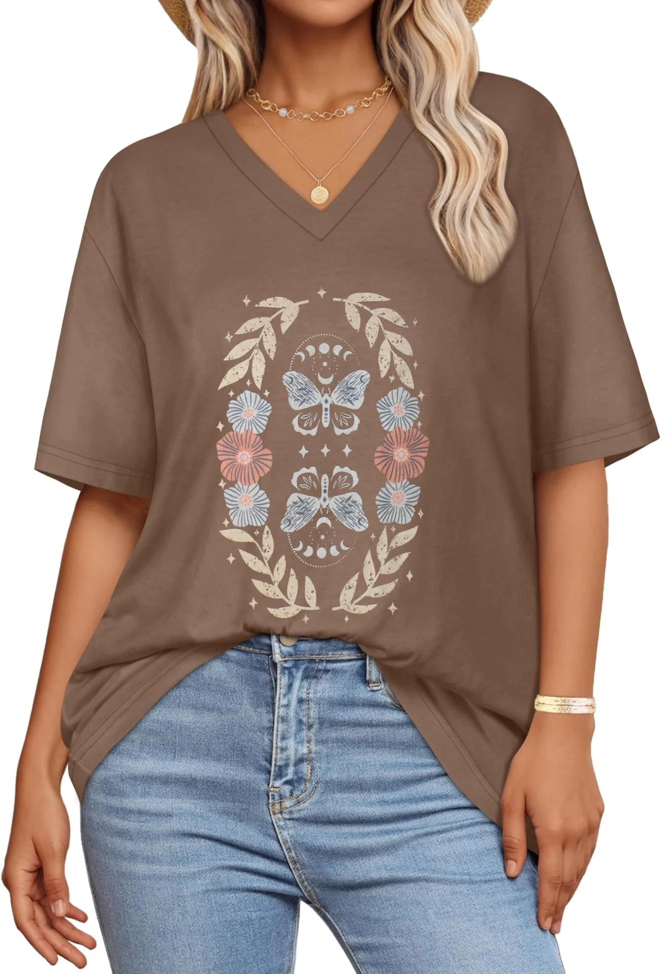 Summer V-Neck T-shirt with Butterfly Motif