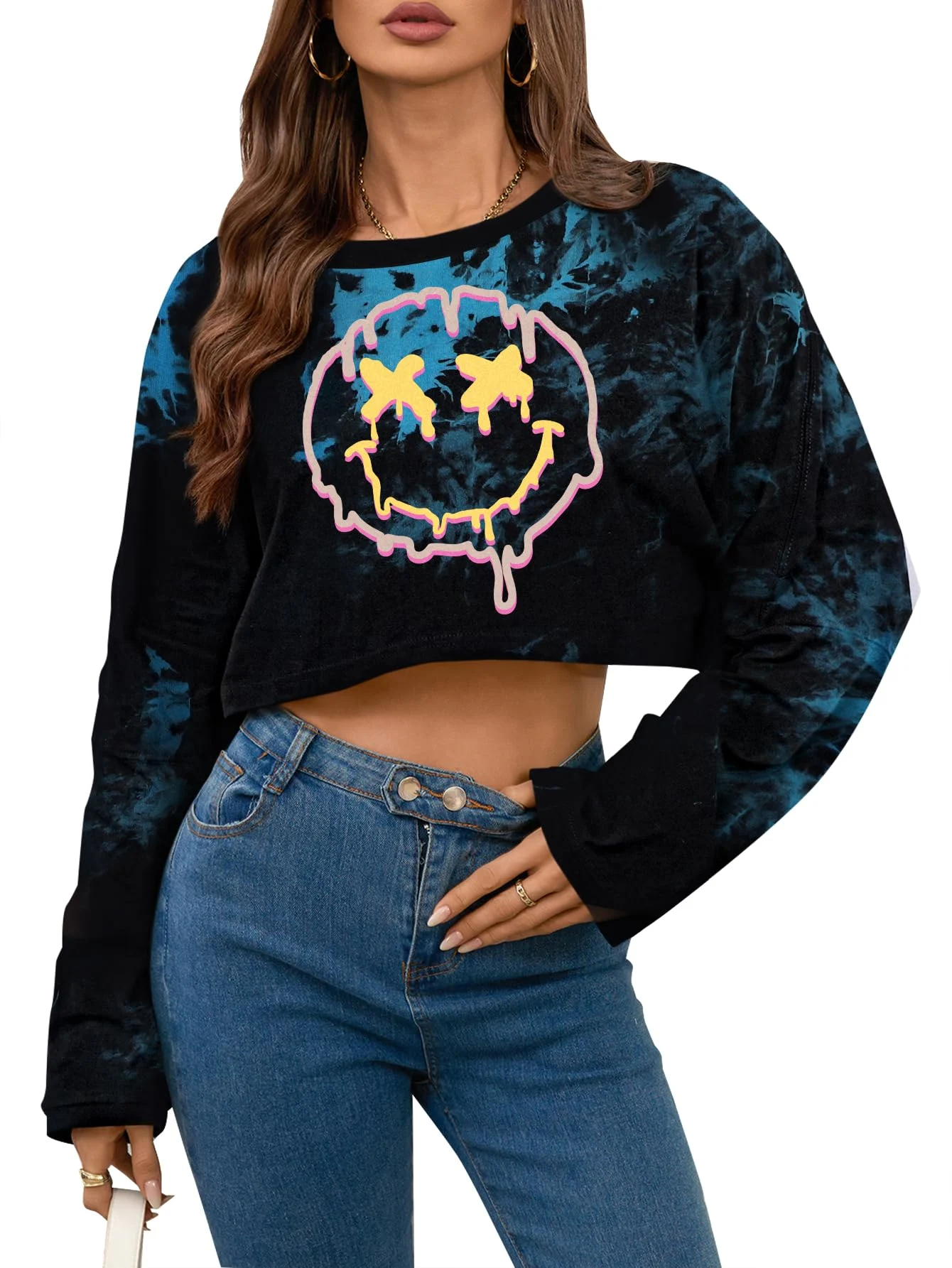 Tie-dye Smiley Face Print Long Sleeve Crop Top