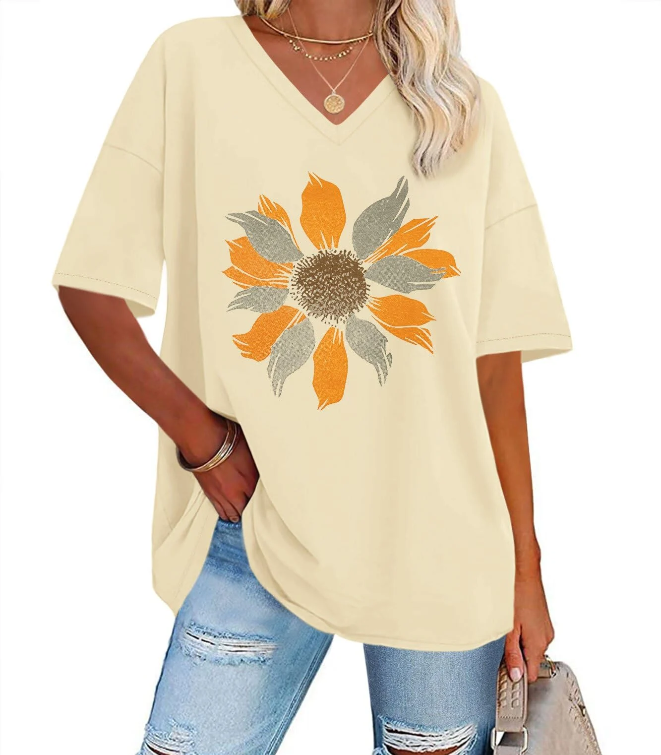 V-Neck Sunflower Oversized Tee for Women