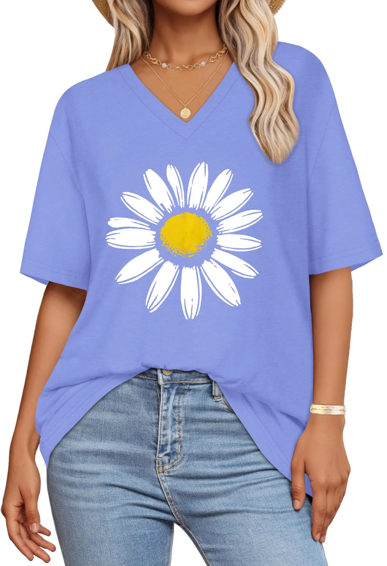 Women's Casual V-Neck T-Shirt with Daisy Print
