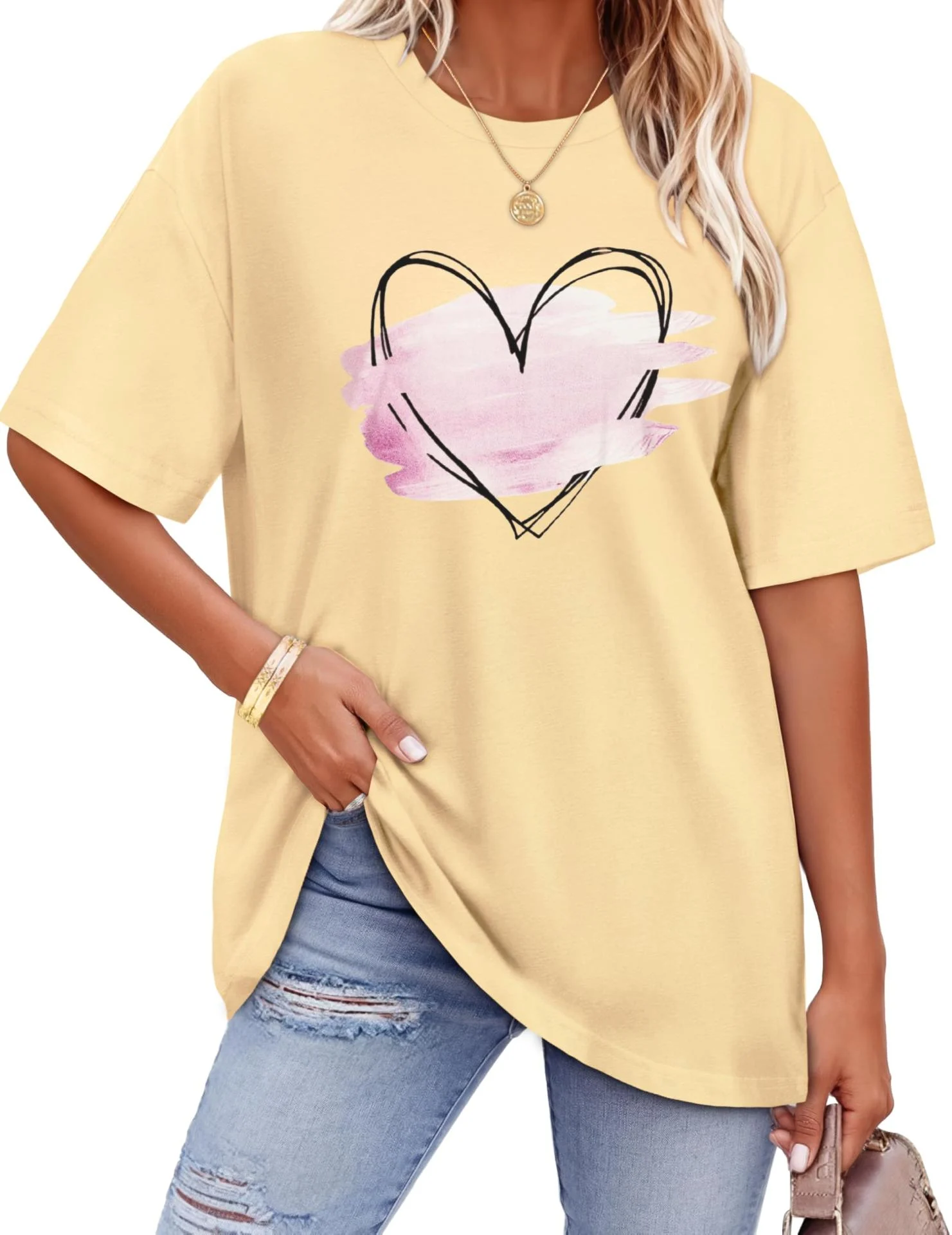 Women's Oversized Half-Sleeve T-shirt with Heart Print