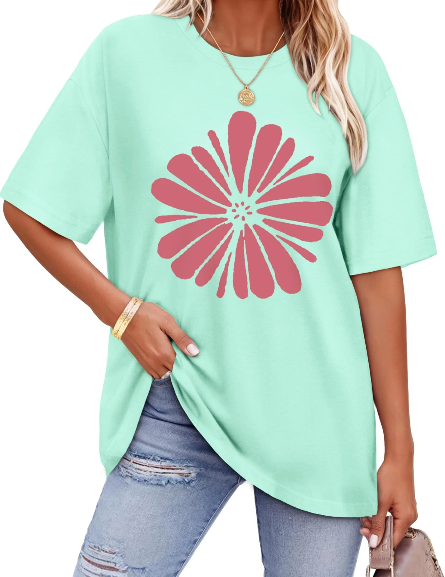 Women's Oversized Summer T-shirt with Flower Print