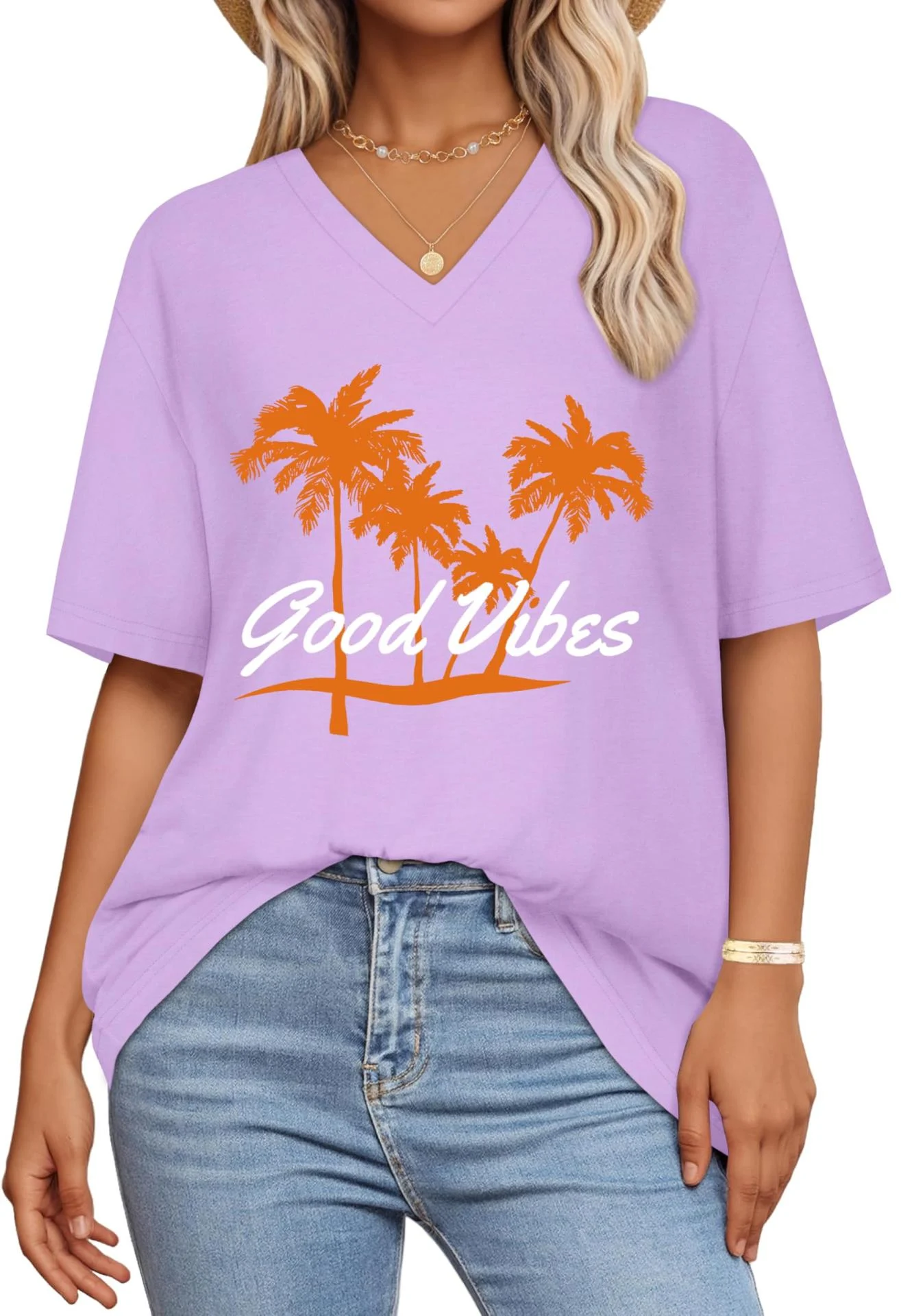 Women's Oversized V-Neck Summer Palm Tree Tee