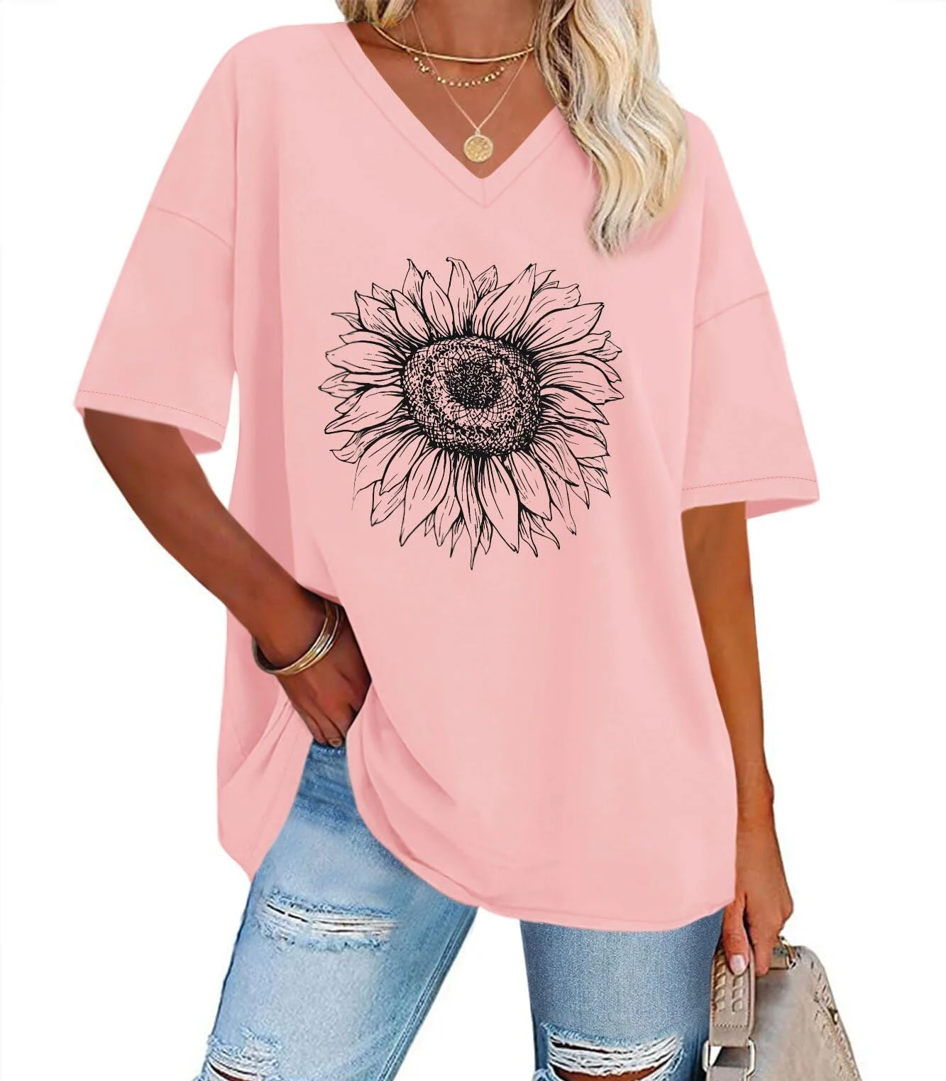 Women's Oversized V-Neck Sunflower Print T-shirt