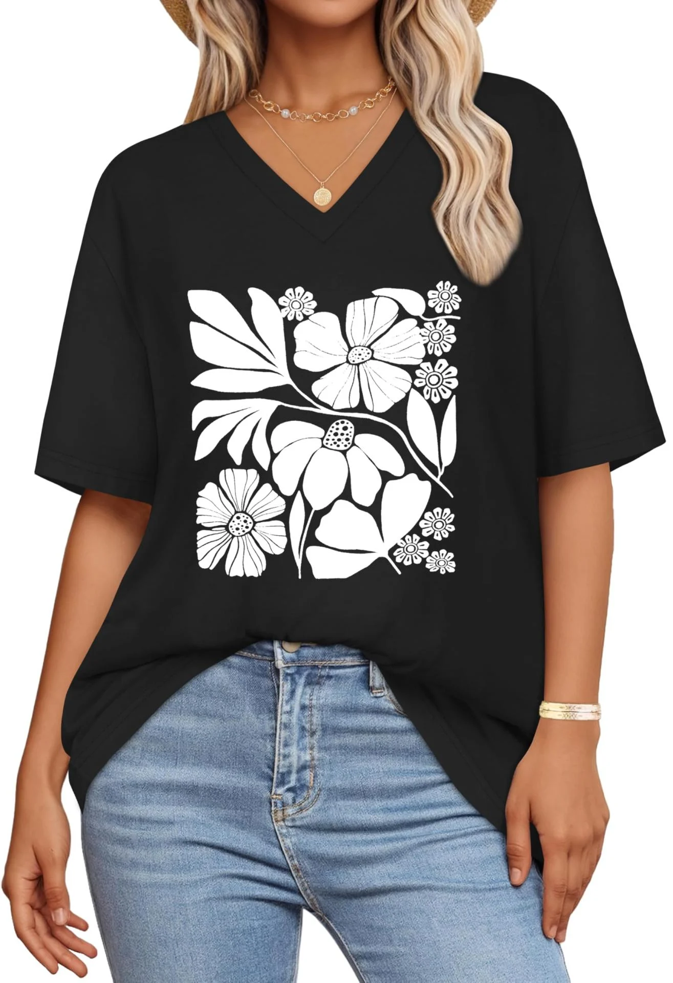 Women's V-Neck T-Shirt with Floral Print